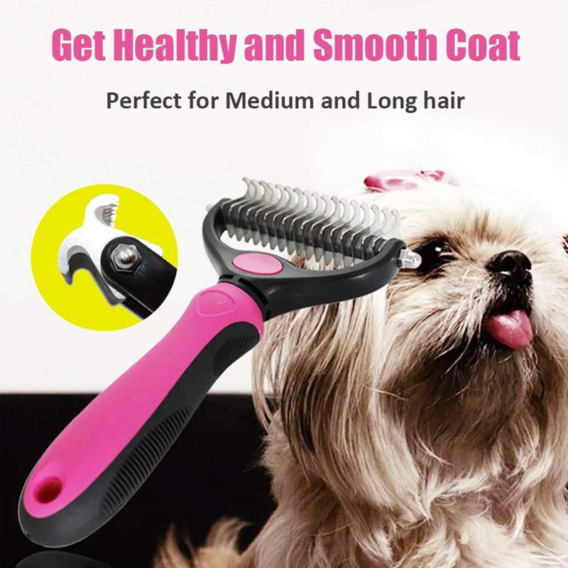 Pet Grooming Brush with Steel Blade Teeth and Rounded Edges for Medium to Long Fur