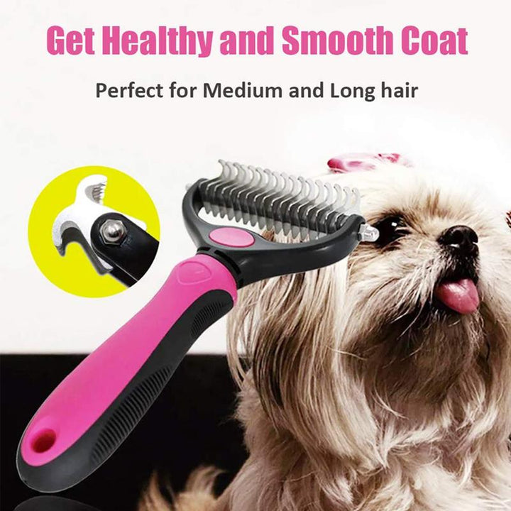 Pet Grooming Brush with Steel Blade Teeth and Rounded Edges for Medium to Long Fur