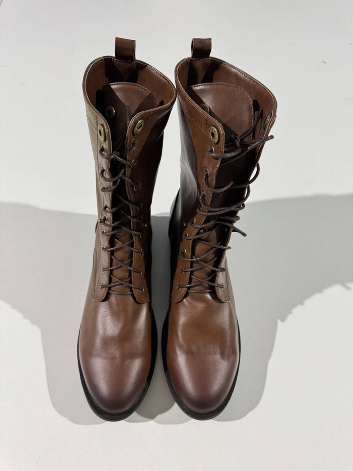 Lace-Up Ankle Boots for Women with Collapsible Cuff and Treaded Sole, Retro Inspired