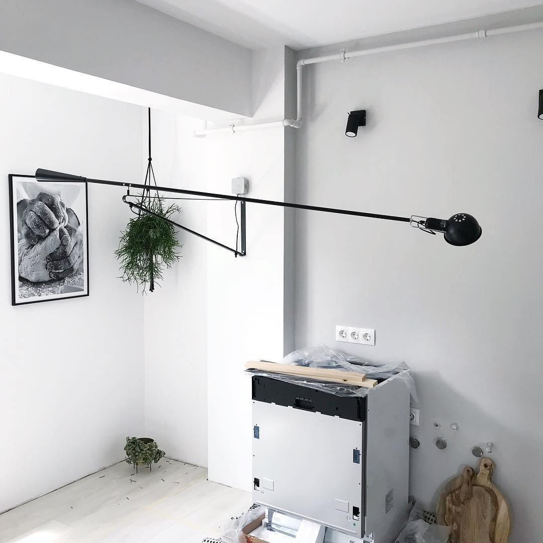 Adjustable Wall Lamp with Extended Arm and Rotating Shade, Cast Iron Counterweight