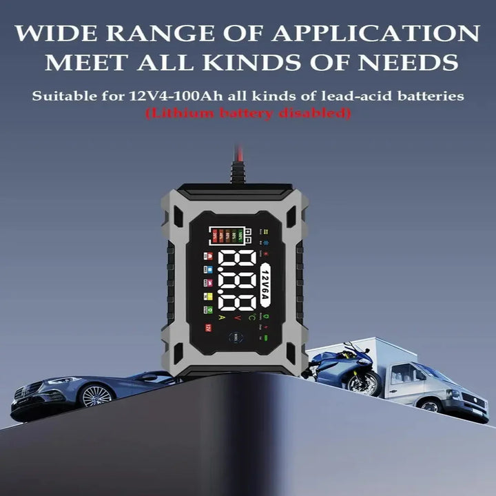 Smart Battery Charger with Digital Voltage Display and Auto Shutoff for 12V Batteries