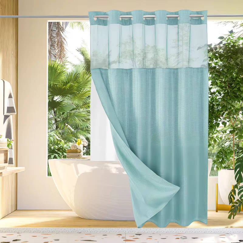No Hook Waffle Pattern Shower Curtain with Mesh Window, Modern Waterproof Bathroom Curtain, Hotel Quality Luxury Fabric