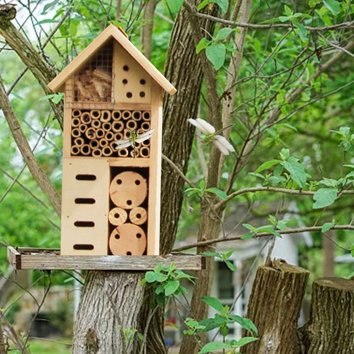 Wooden Insect Shelter with Multiple Nesting Chambers for Garden Pollinators