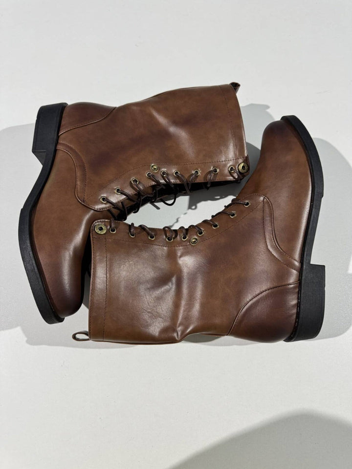 Lace-Up Ankle Boots for Women with Collapsible Cuff and Treaded Sole, Retro Inspired
