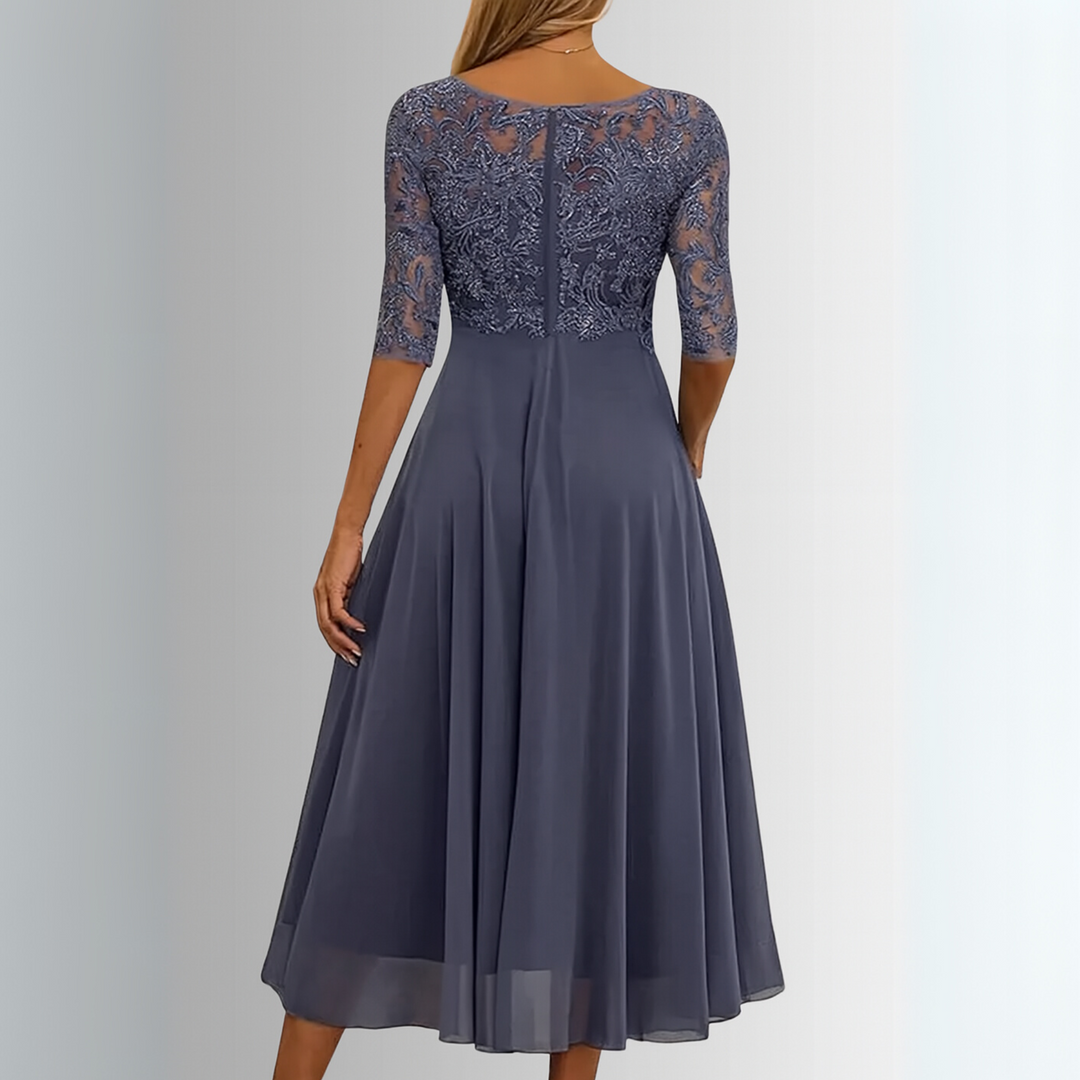 Lace Dress with Delicate Lace Bodice and Layered Lightweight Skirt, Back Zipper