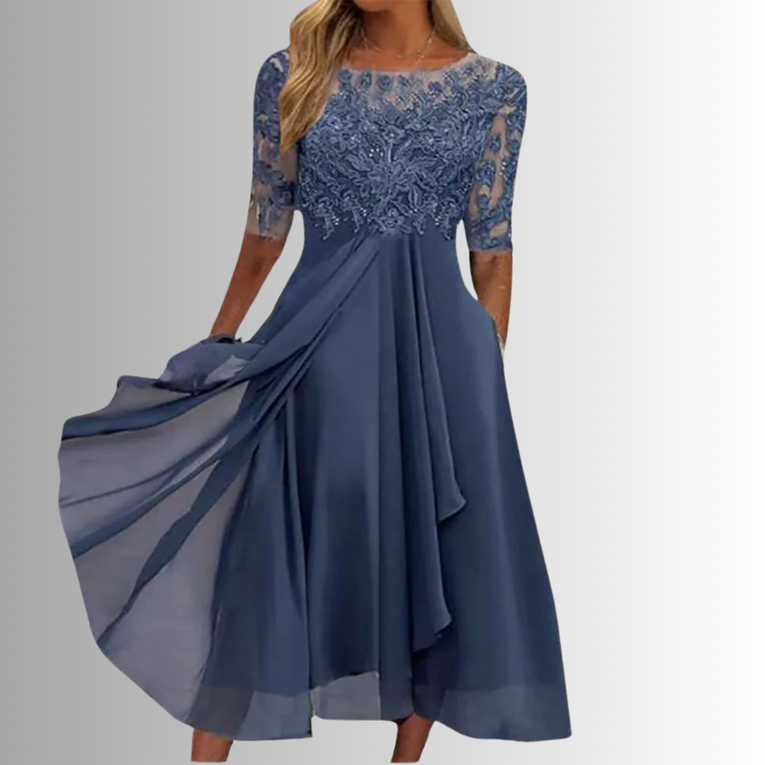 Lace Dress with Delicate Lace Bodice and Layered Lightweight Skirt, Back Zipper