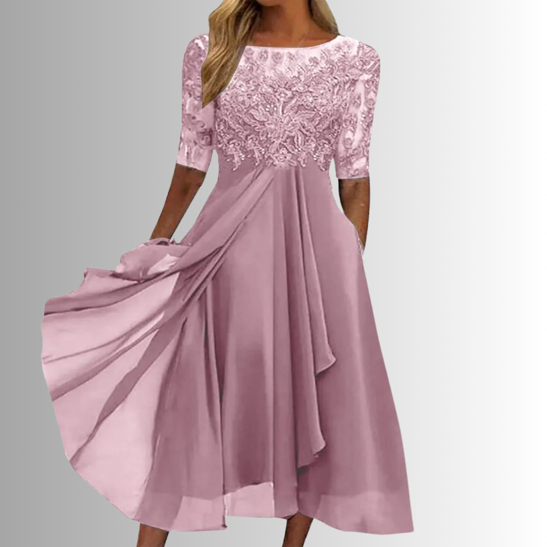 Lace Dress with Delicate Lace Bodice and Layered Lightweight Skirt, Back Zipper