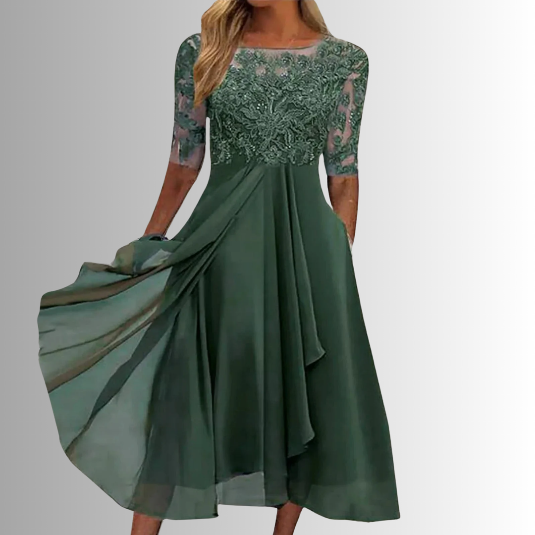 Lace Dress with Delicate Lace Bodice and Layered Lightweight Skirt, Back Zipper