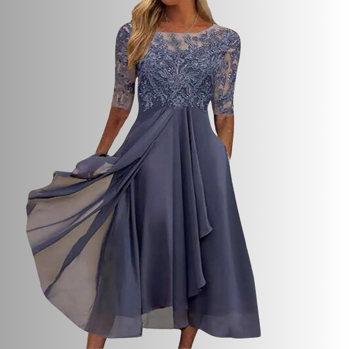 Lace Dress with Delicate Lace Bodice and Layered Lightweight Skirt, Back Zipper