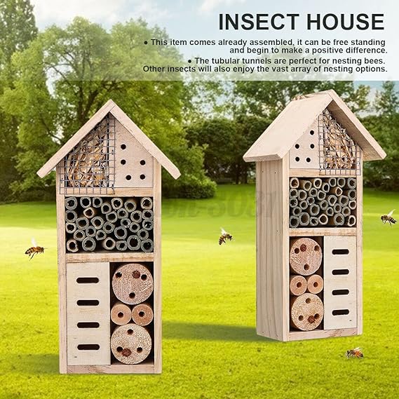 Wooden Insect Shelter with Multiple Nesting Chambers for Garden Pollinators