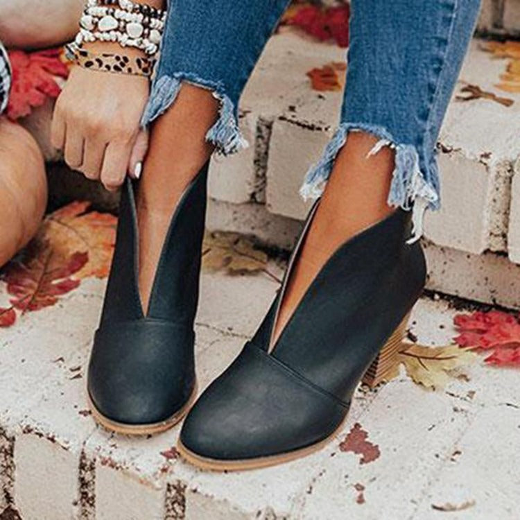 Womens Slip-On Ankle Boots with V Cut and 3-Inch Stacked Heel, Almond Toe