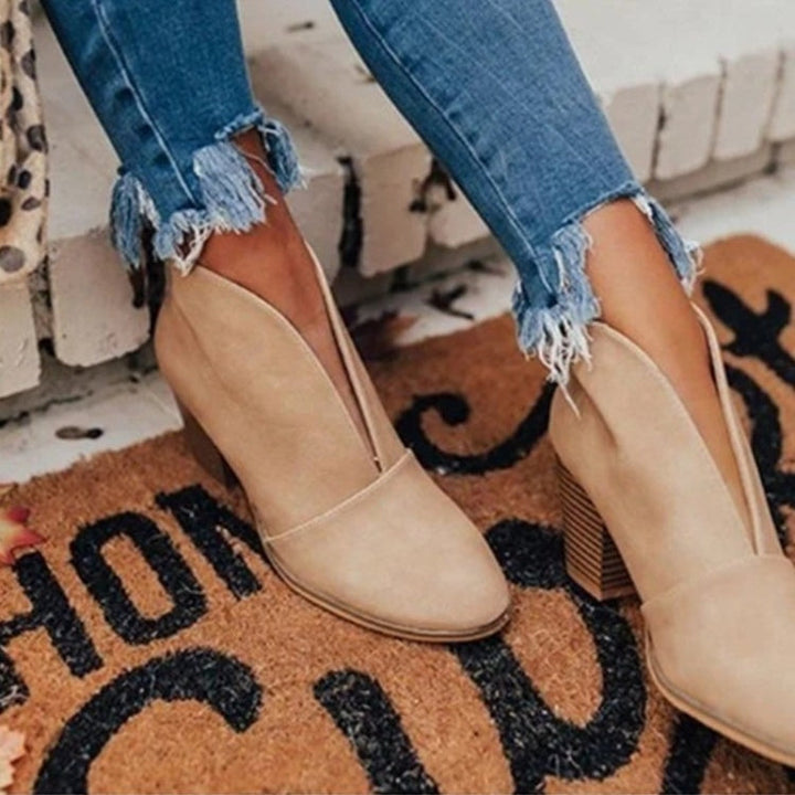Womens Slip-On Ankle Boots with V Cut and 3-Inch Stacked Heel, Almond Toe
