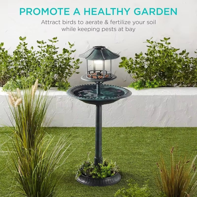 Solar-Powered Bird Bath on Stand with Built-In Planter and LED Lamp