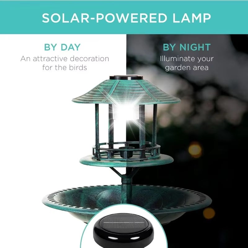 Solar-Powered Bird Bath on Stand with Built-In Planter and LED Lamp