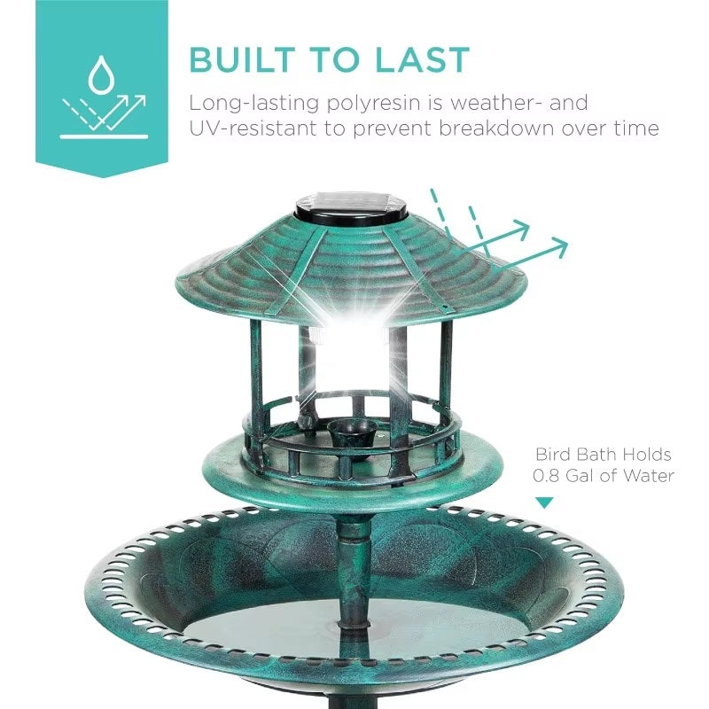 Solar-Powered Bird Bath on Stand with Built-In Planter and LED Lamp