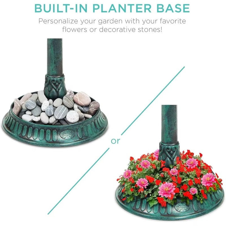 Solar-Powered Bird Bath on Stand with Built-In Planter and LED Lamp
