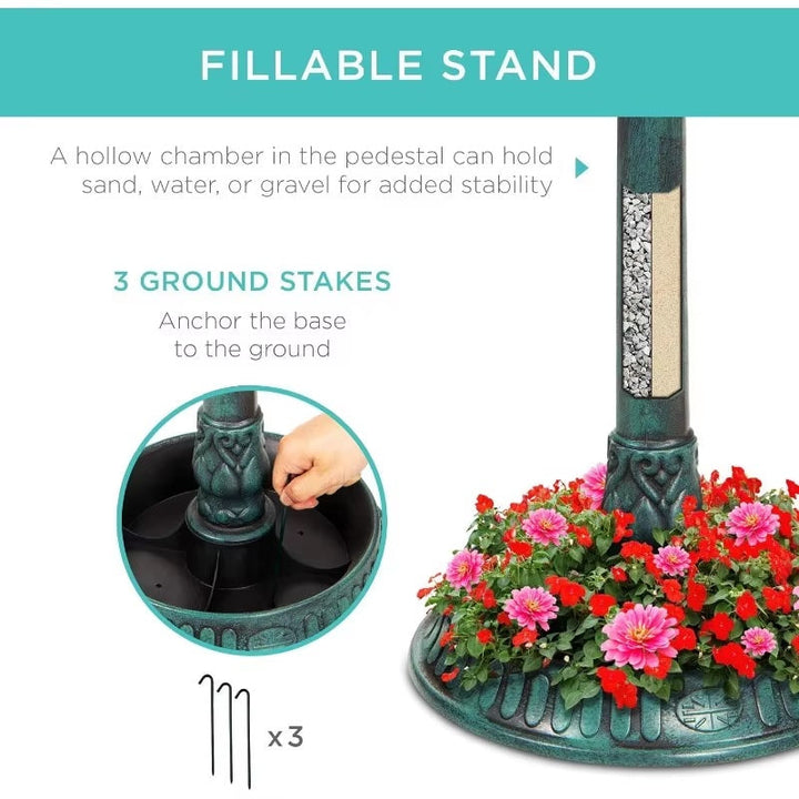Solar-Powered Bird Bath on Stand with Built-In Planter and LED Lamp
