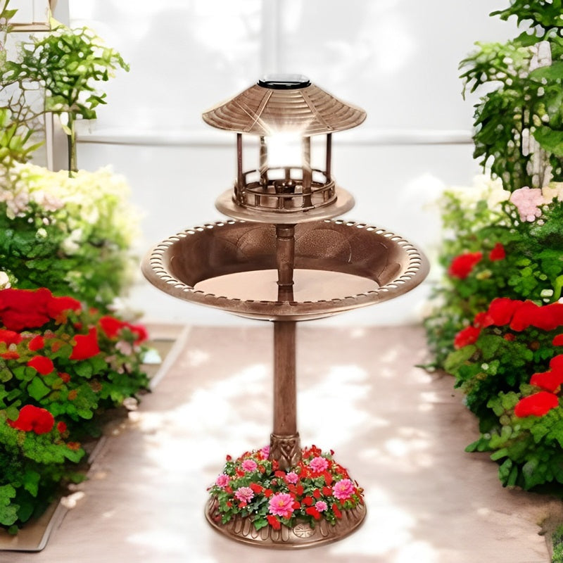 Solar-Powered Bird Bath on Stand with Built-In Planter and LED Lamp