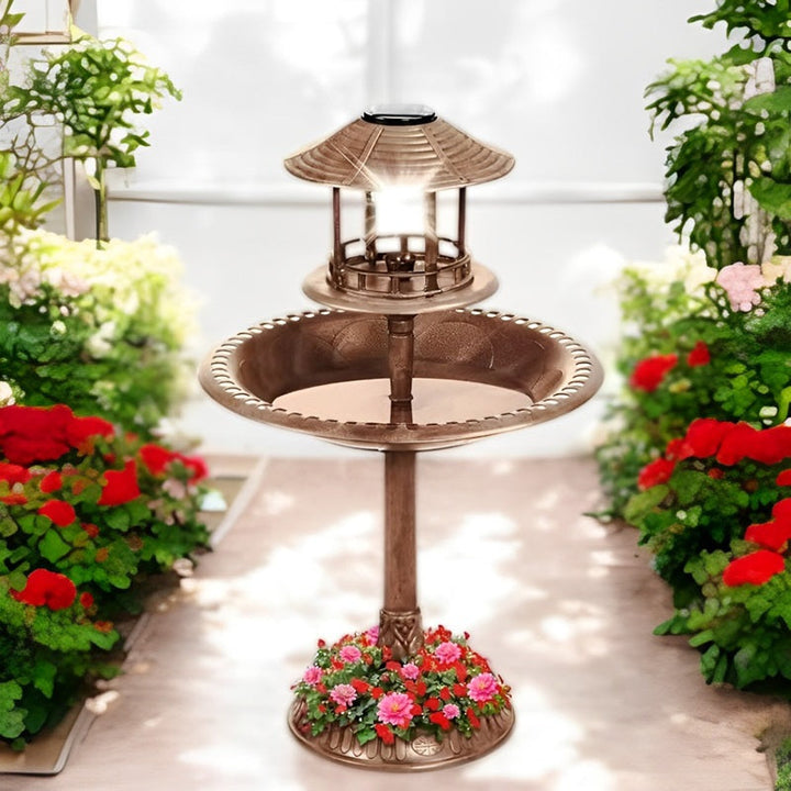 Solar-Powered Bird Bath on Stand with Built-In Planter and LED Lamp