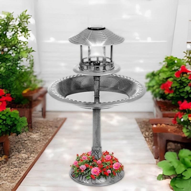 Solar-Powered Bird Bath on Stand with Built-In Planter and LED Lamp