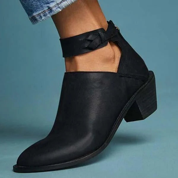 Ankle Boots with 2-Inch Block Heel and Padded Insole, Side Zip Braided Strap
