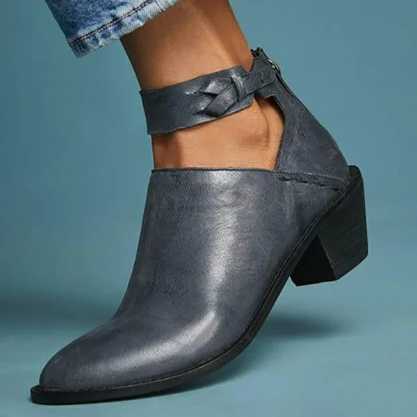 Ankle Boots with 2-Inch Block Heel and Padded Insole, Side Zip Braided Strap