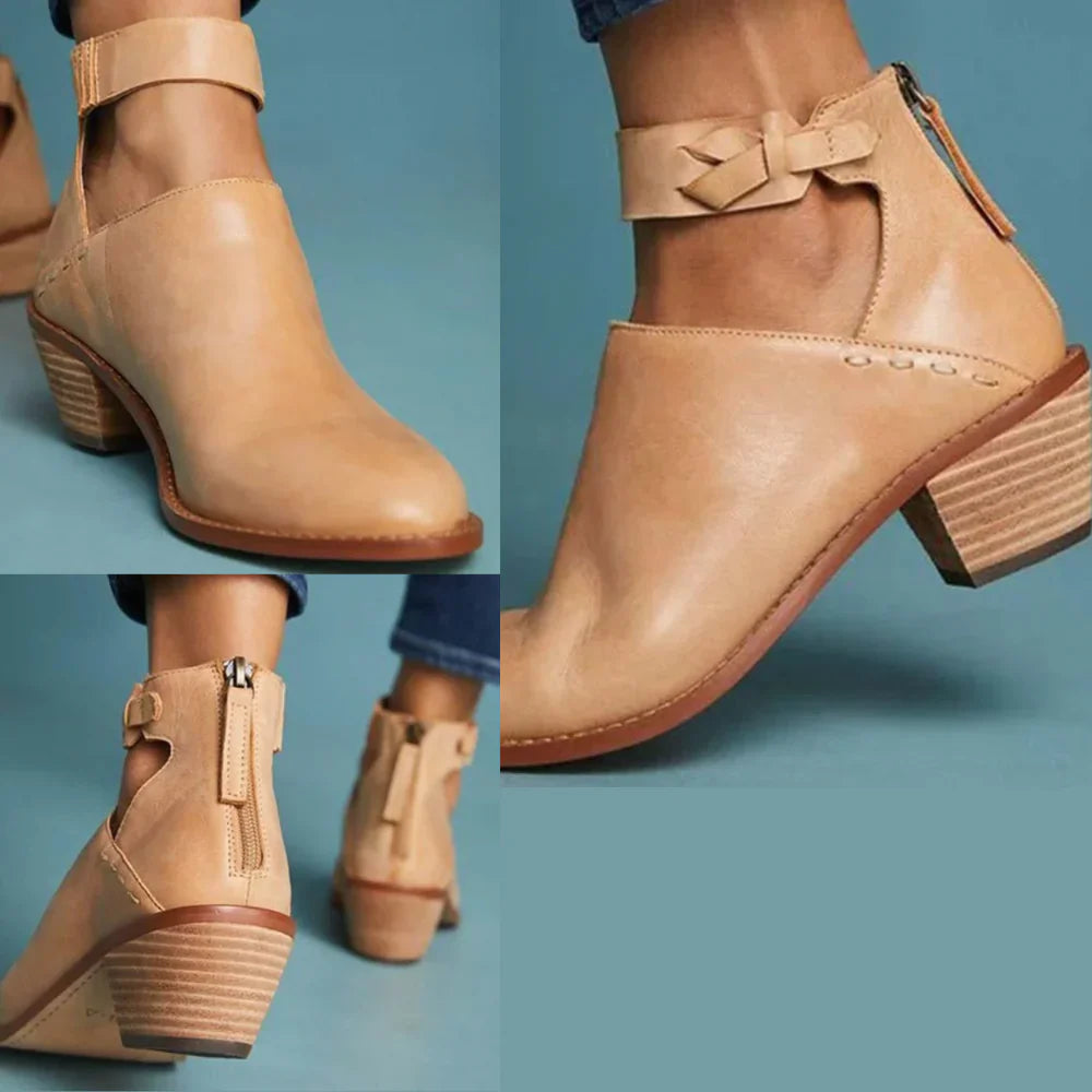Ankle Boots with 2-Inch Block Heel and Padded Insole, Side Zip Braided Strap