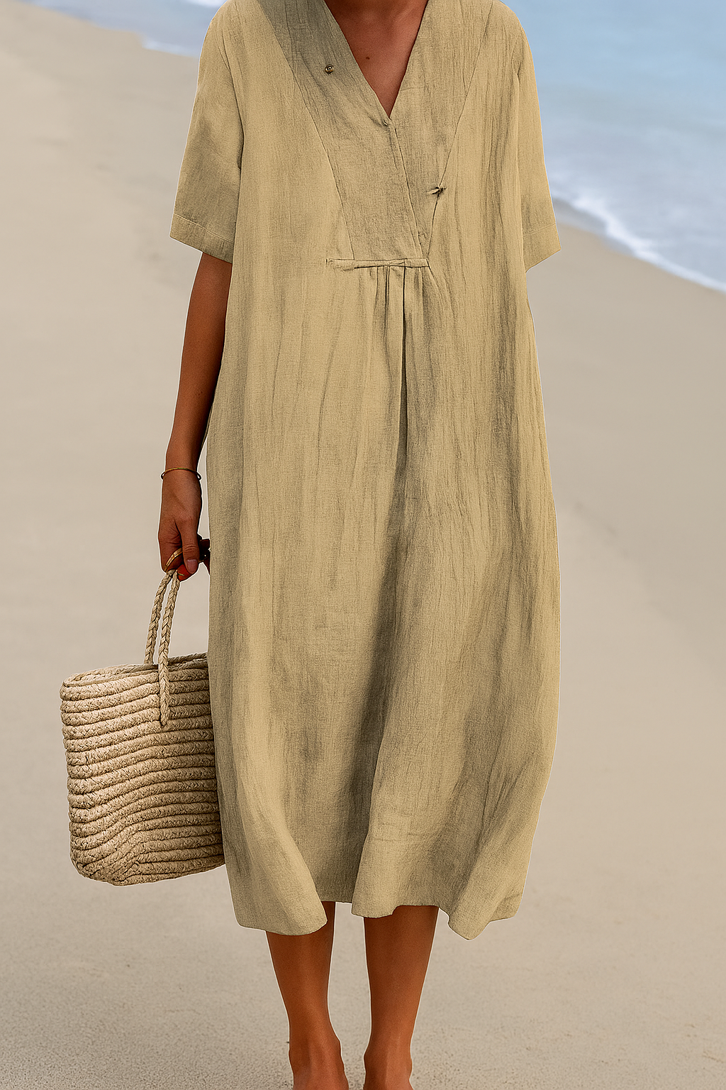 Lightweight Polyester Beach Dress with V-Neck and Slip-On Design