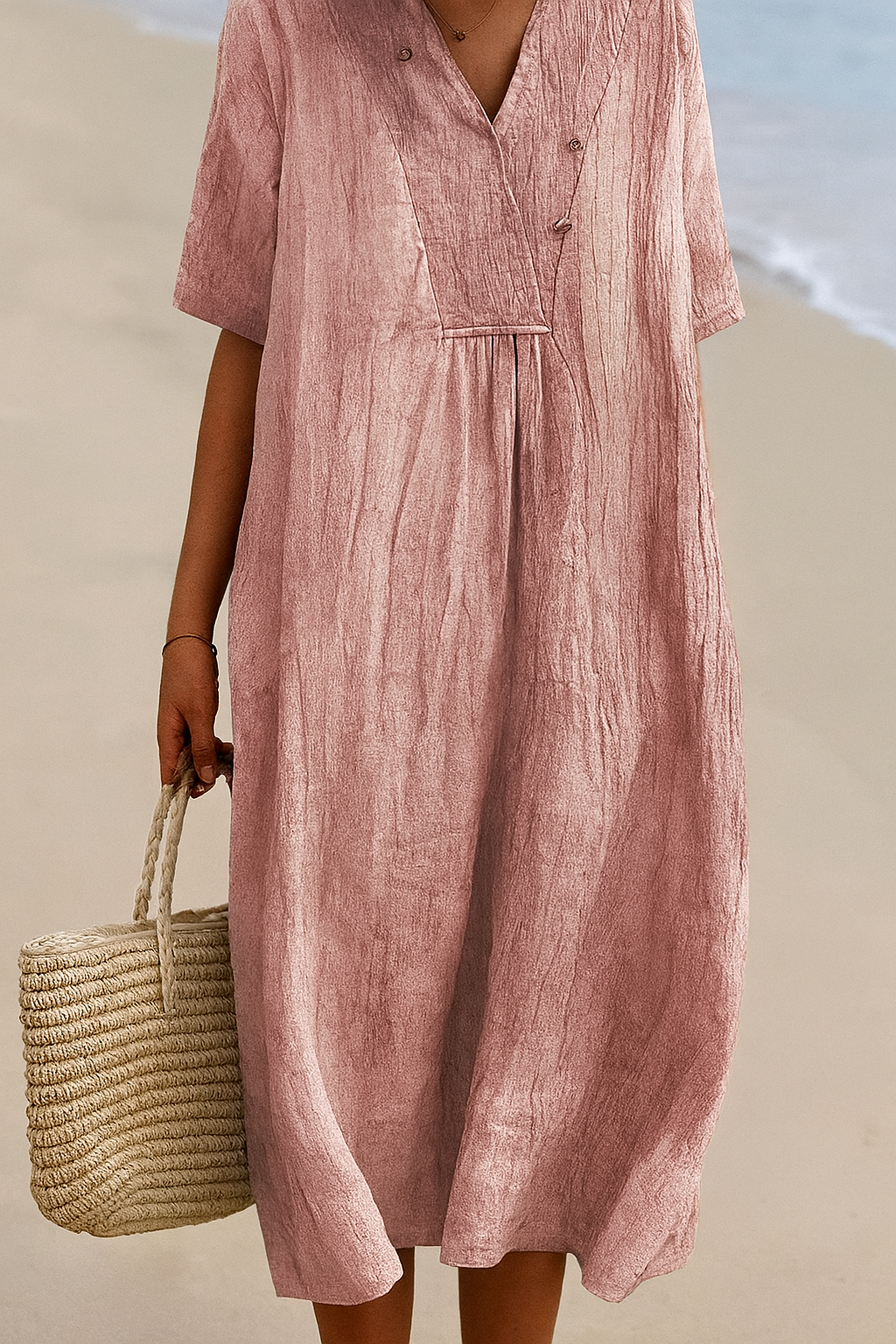 Lightweight Polyester Beach Dress with V-Neck and Slip-On Design