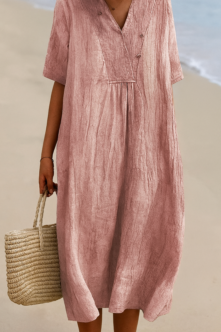 Lightweight Polyester Beach Dress with V-Neck and Slip-On Design