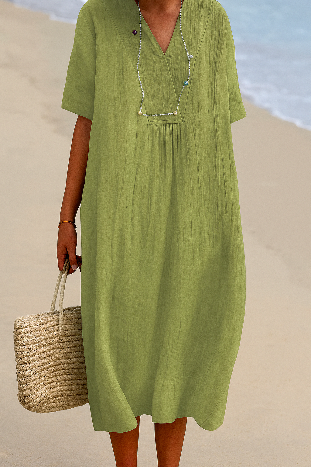 Lightweight Polyester Beach Dress with V-Neck and Slip-On Design