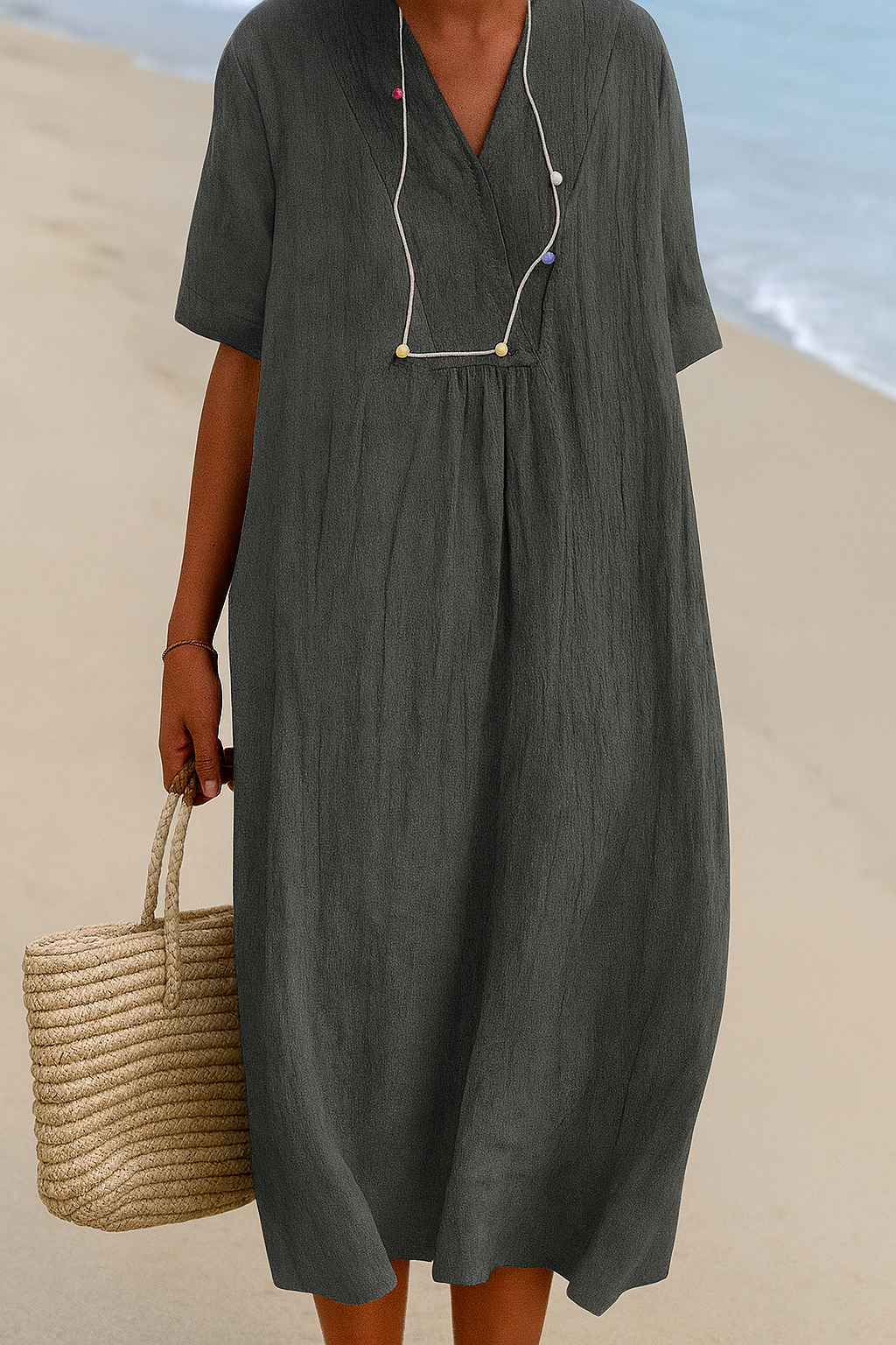 Lightweight Polyester Beach Dress with V-Neck and Slip-On Design