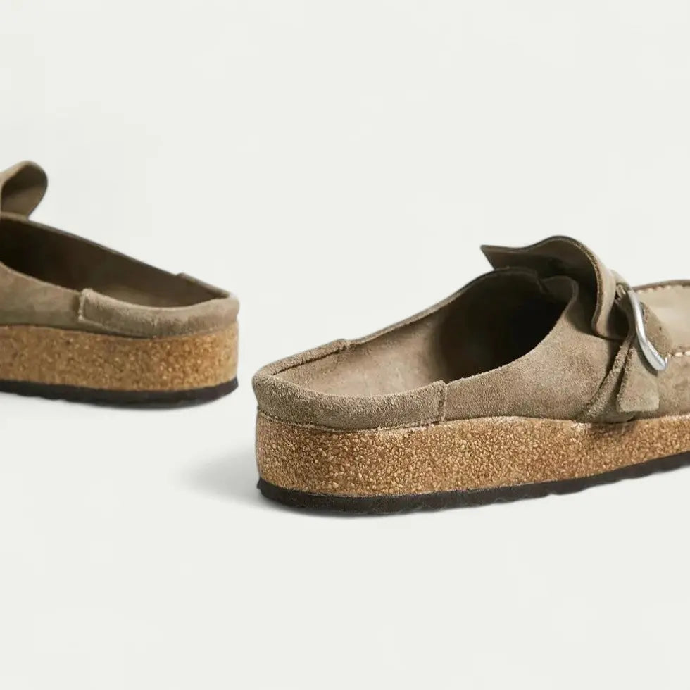 Womens Faux Suede Mules with Adjustable Buckle and Ergonomic EVA Insole, Cork Effect Sole