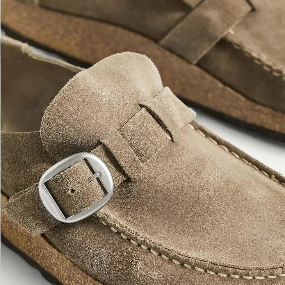 Womens Faux Suede Mules with Adjustable Buckle and Ergonomic EVA Insole, Cork Effect Sole