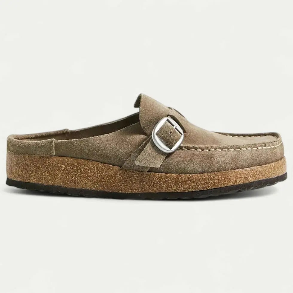 Womens Faux Suede Mules with Adjustable Buckle and Ergonomic EVA Insole, Cork Effect Sole