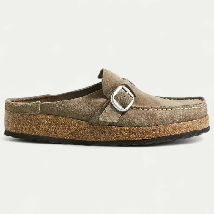 Womens Faux Suede Mules with Adjustable Buckle and Ergonomic EVA Insole, Cork Effect Sole