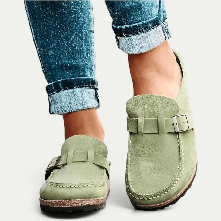 Womens Faux Suede Mules with Adjustable Buckle and Ergonomic EVA Insole, Cork Effect Sole
