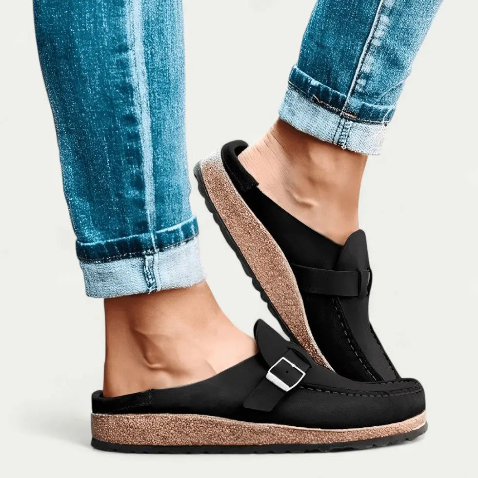 Womens Faux Suede Mules with Adjustable Buckle and Ergonomic EVA Insole, Cork Effect Sole