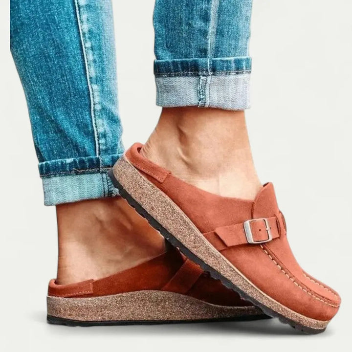 Womens Faux Suede Mules with Adjustable Buckle and Ergonomic EVA Insole, Cork Effect Sole