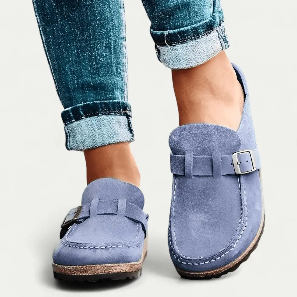 Womens Faux Suede Mules with Adjustable Buckle and Ergonomic EVA Insole, Cork Effect Sole