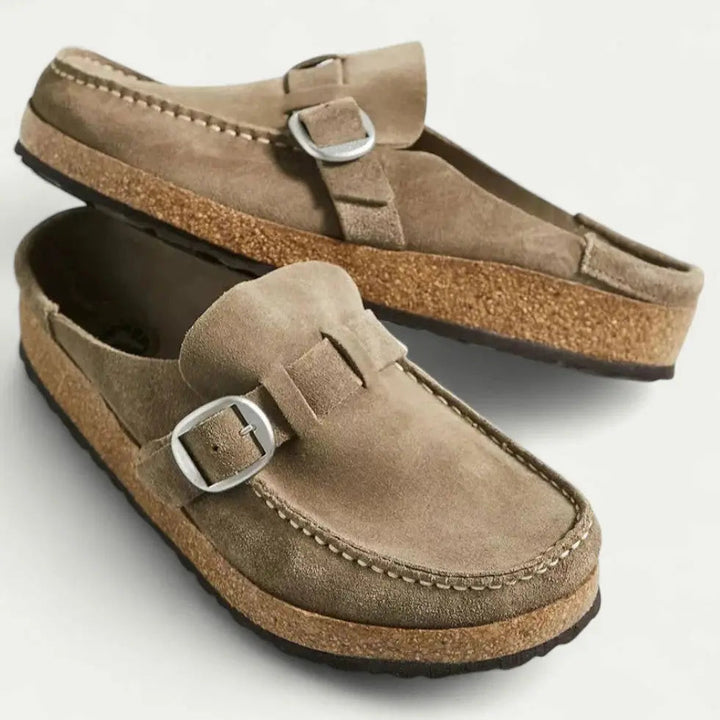 Womens Faux Suede Mules with Adjustable Buckle and Ergonomic EVA Insole, Cork Effect Sole
