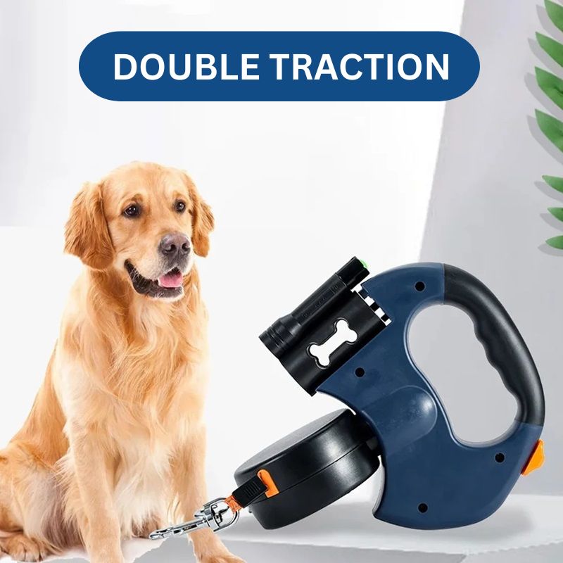 10FT Dual Retractable Dog Leash with Built-In Flashlight and Waste Bag Holder