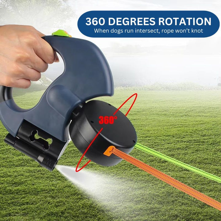 10FT Dual Retractable Dog Leash with Built-In Flashlight and Waste Bag Holder