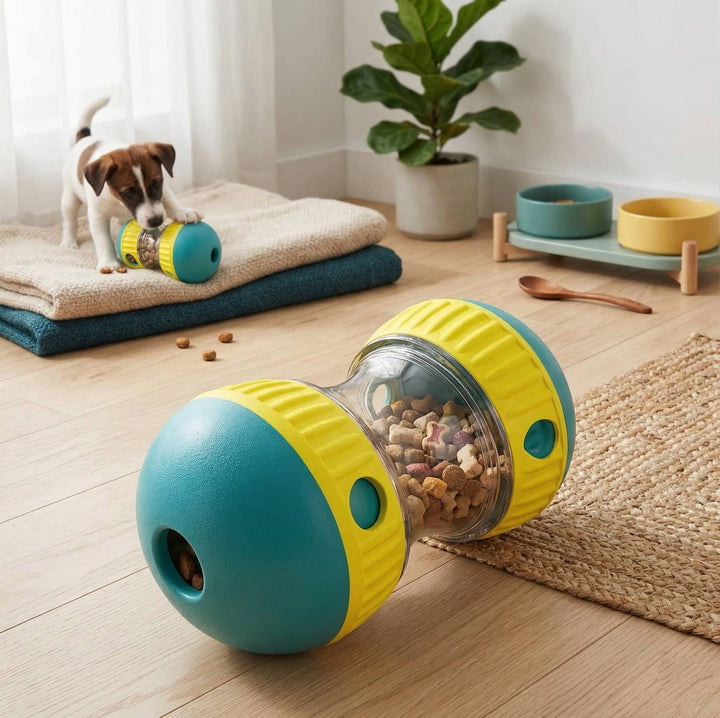 Adjustable Treat Dispensing Dog Toy, Puzzle and Enrichment, Tough Slow Feeder, Food Dispenser, Interactive Chase Toys for Small to Large Dogs