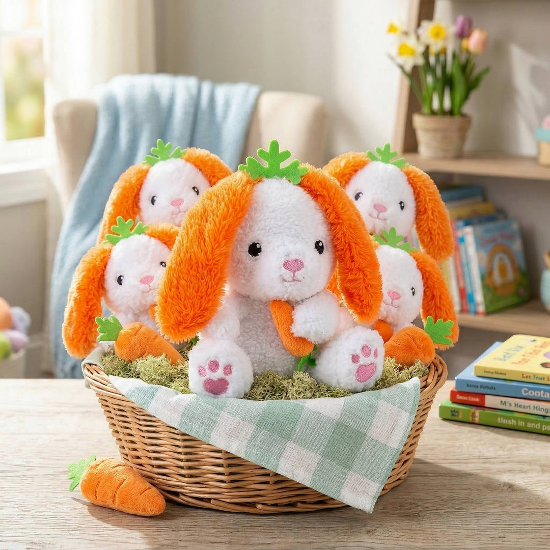 Plush Easter Bunny with Carrot Ears 6 Pc Set, Soft Stuffed Bunny Toys for Easter Baskets Kids Gifts