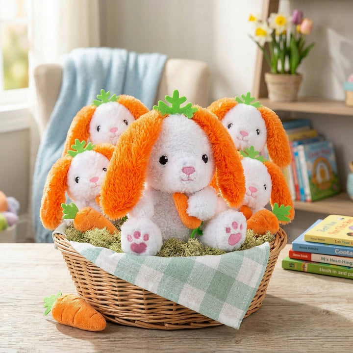 Plush Easter Bunny with Carrot Ears 6 Pc Set, Soft Stuffed Bunny Toys for Easter Baskets Kids Gifts