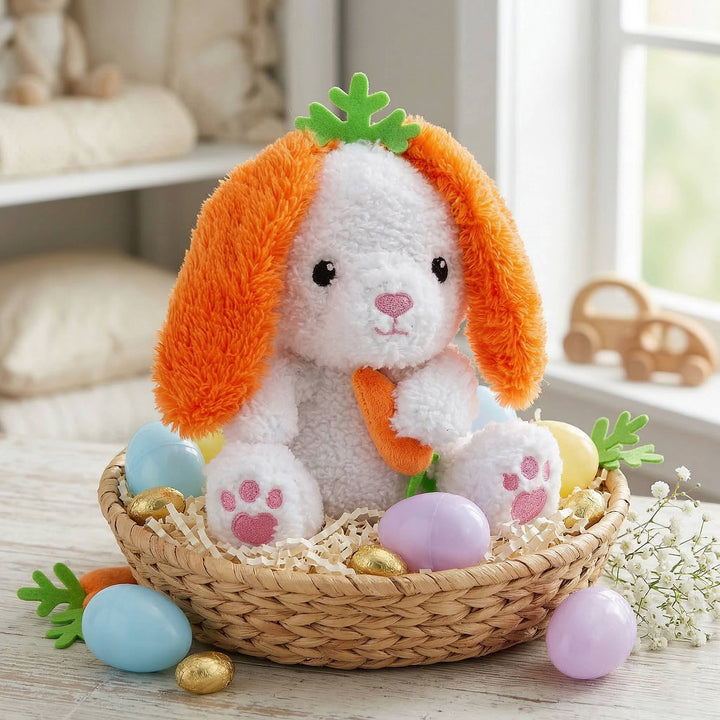 Plush Easter Bunny with Carrot Ears 6 Pc Set, Soft Stuffed Bunny Toys for Easter Baskets Kids Gifts