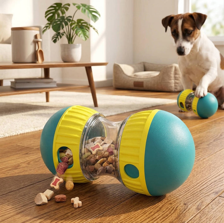 Adjustable Treat Dispensing Dog Toy, Puzzle and Enrichment, Tough Slow Feeder, Food Dispenser, Interactive Chase Toys for Small to Large Dogs