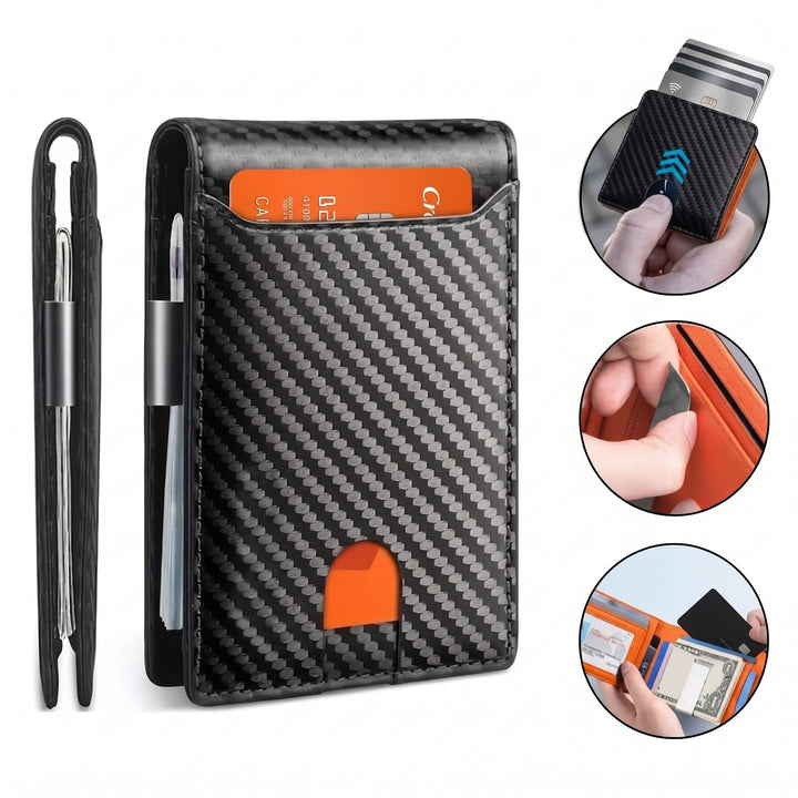 Mens Carbon Fiber Bifold Card Holder Wallet, Ultra Thin RFID Blocking Money Clip with Multiple Card Slots