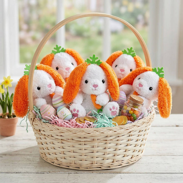 Plush Easter Bunny with Carrot Ears 6 Pc Set, Soft Stuffed Bunny Toys for Easter Baskets Kids Gifts